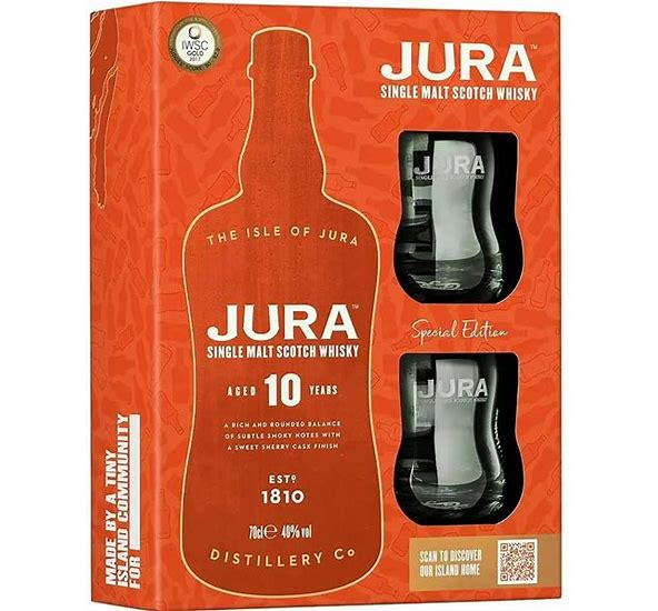 Jura 10 Year Old Single Malt Scotch Whisky 2 Glass Gift Pack 700ml